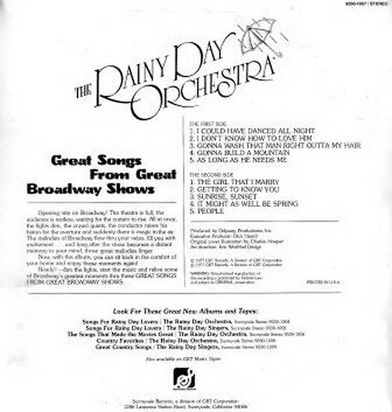 The Rainy Day Orchestra : Great Songs From Great Broadway Shows (LP)