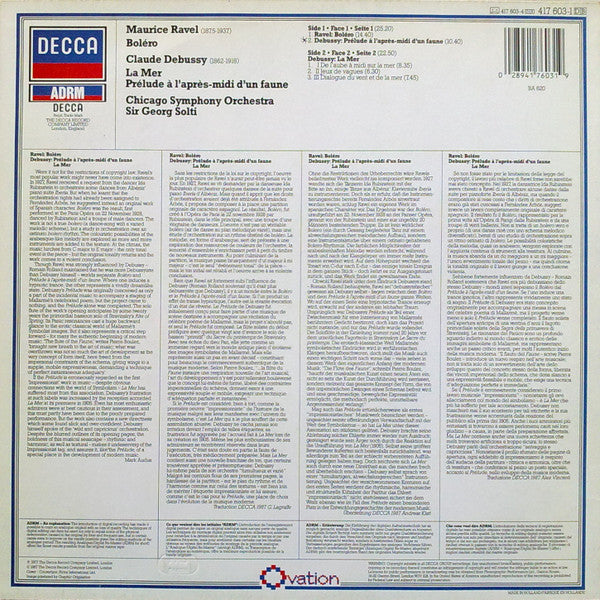 Maurice Ravel / Claude Debussy, Chicago Symphony Orchestra, Georg Solti : Boléro / La Mer / Prélude À L'après-midi D'un Faune (LP, RM)