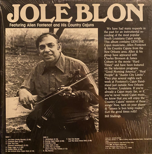 Allen Fontenot And The Country Cajuns : Jole Blon And Other Cajun Honky Tonk Songs (LP, Album, RE)
