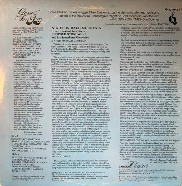 Leopold Stokowski And His Symphony Orchestra, Modest Mussorgsky, Alexander Borodin, Nikolai Rimsky-Korsakov, Reinhold Glière : Night On Bald Mountain / Great Russian Showpieces (LP, Album, RE)