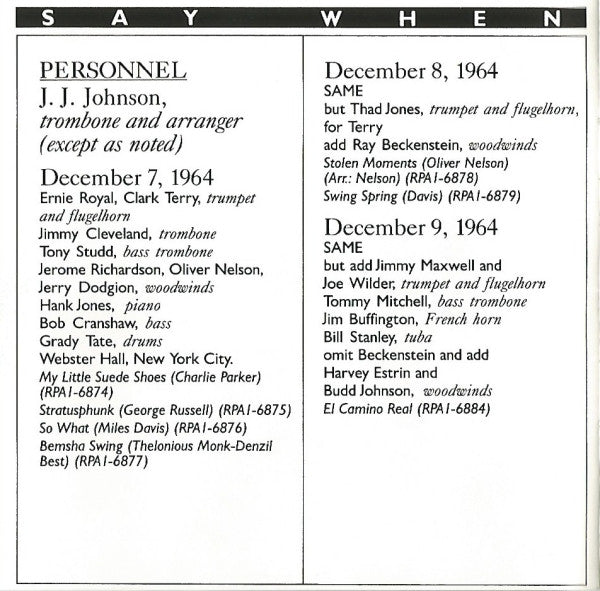 J.J. Johnson And His Big Band : Say When (CD, Comp, RM)