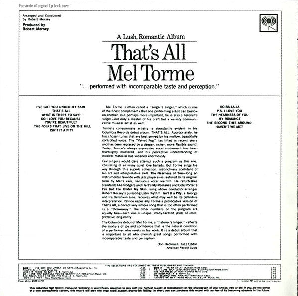 Mel Tormé : That's All (CD, Album, RE)