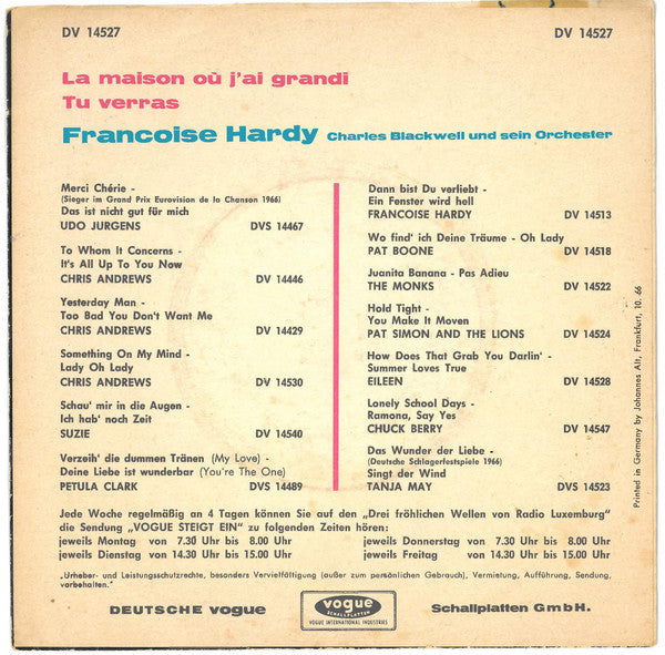 Françoise Hardy : La Maison Où J'Ai Grandi / Tu Verras (7", Single)