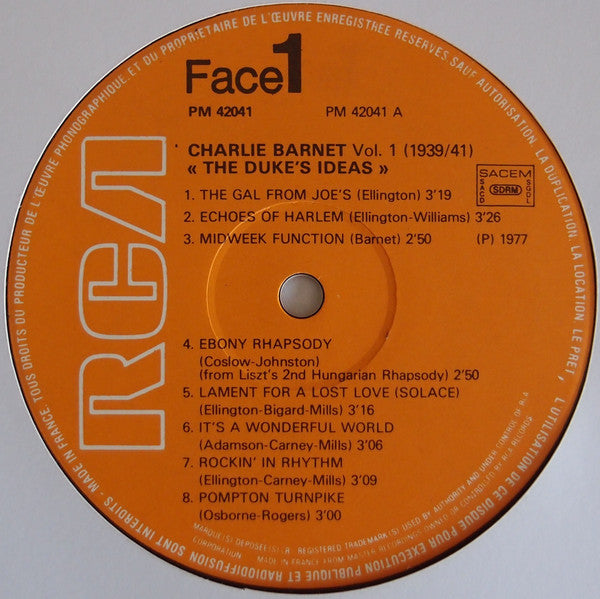Charlie Barnet : "The Duke's Ideas" Volume 1 (1939-1941) (LP, Comp)