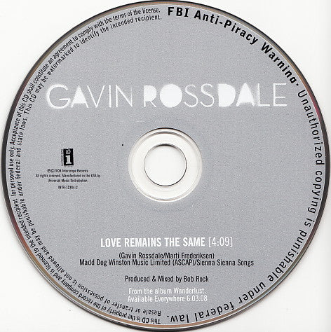 Gavin Rossdale : Love Remains The Same (CD, Single, Promo)