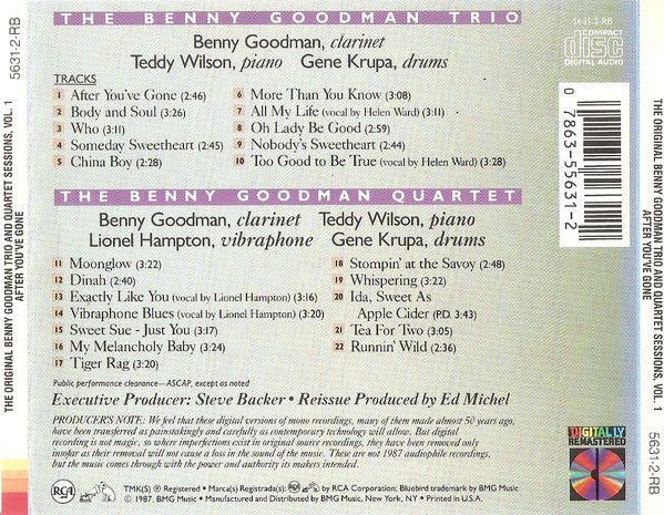 Benny Goodman : After You've Gone (The Original Benny Goodman Trio And Quartet Sessions - Vol. 1) (CD, Comp)