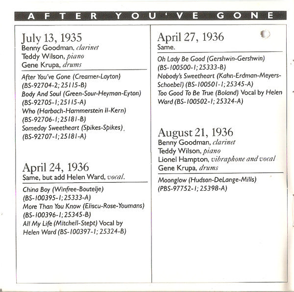 Benny Goodman : After You've Gone (The Original Benny Goodman Trio And Quartet Sessions - Vol. 1) (CD, Comp)