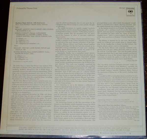 Mozart*, Rudolf Serkin : Music From Marlboro / 20th Anniversary. Piano Trio In B-Flat, K. 502; Clarinet Quintet, K. 581 (LP)