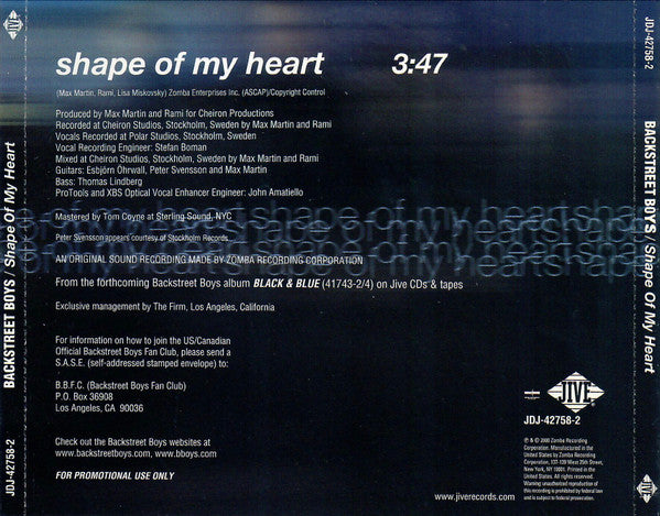 Backstreet Boys : Shape Of My Heart (CD, Single, Promo)