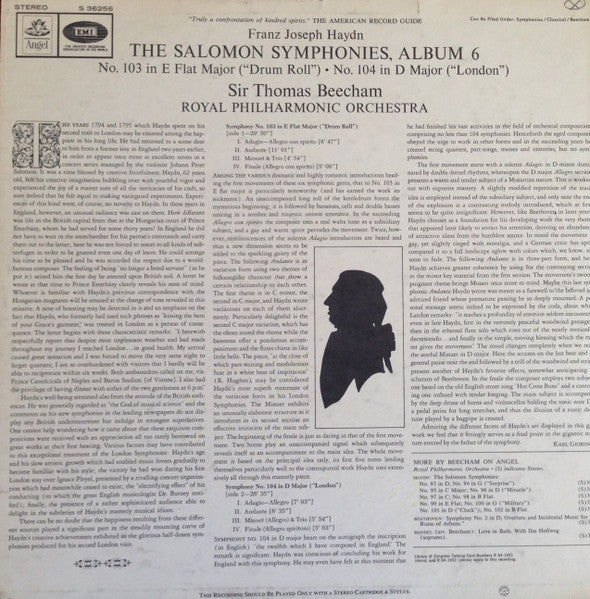Joseph Haydn, Sir Thomas Beecham, Royal Philharmonic Orchestra : The Salomon Symphonies, Album 6, No. 103 In E Flat Major ("Drum Roll") No. 104 In D Major ("London") (LP, Album)