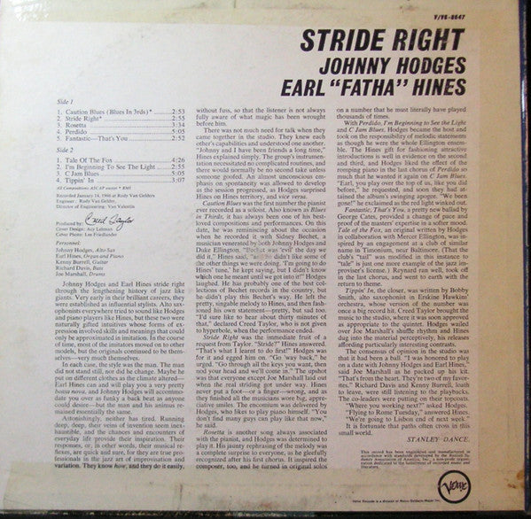 Johnny Hodges, Earl Hines : Stride Right (LP, Album, Mono)