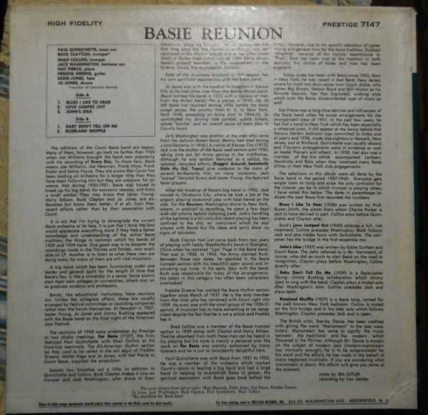 Paul Quinichette / Buck Clayton / Shad Collins / Jack Washington / Freddie Green / Eddie Jones / Jo Jones / Nat Pierce : Basie Reunion (LP, Album, Mono, Dee)