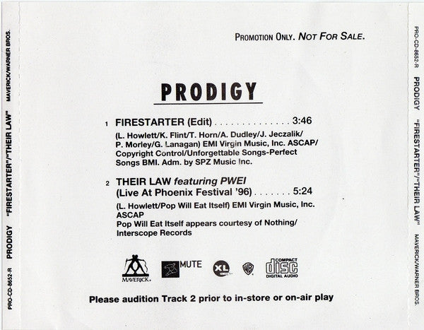 The Prodigy : Firestarter / Their Law (CD, Single, Promo)