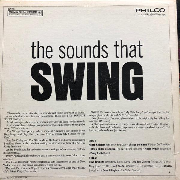 Various, André Kostelanetz, Dave Brubeck, The Village Stompers, Art Van Damme, The Glenn Miller Orchestra, Neil Wolfe, André Previn, J.J. Johnson, Percy Faith, Duke Ellington : the sounds that SWING (LP, Comp)