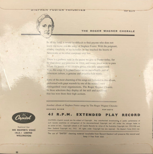 The Roger Wagner Chorale : Stephen Foster Favorites (7", EP, Mono)