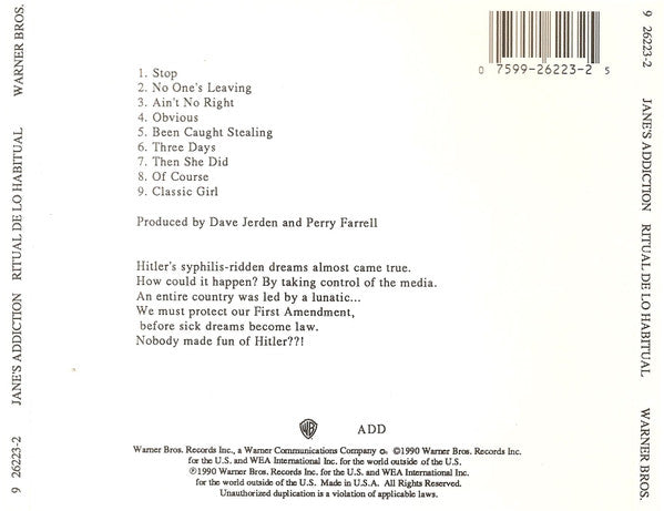 Jane's Addiction : Ritual De Lo Habitual (CD, Album, RP)