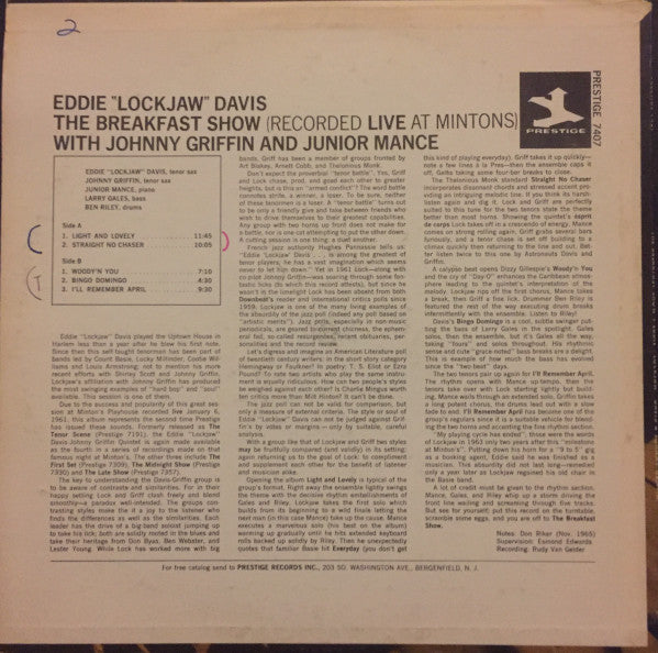 Eddie "Lockjaw" Davis With Johnny Griffin And Junior Mance : The Breakfast Show (Recorded Live At Mintons) (LP, Album, RE, RM)