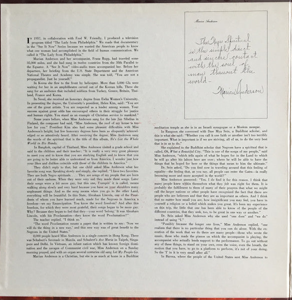 Marian Anderson, Franz Rupp : He's Got The Whole World In His Hands  And  18 Other Spirituals (LP, Mono, Gat)