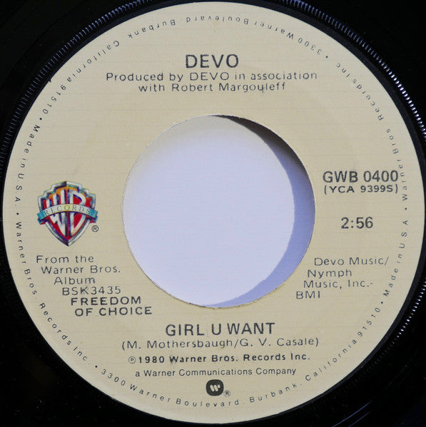 Devo : Whip It / Girl U Want (7", Single, Jac)
