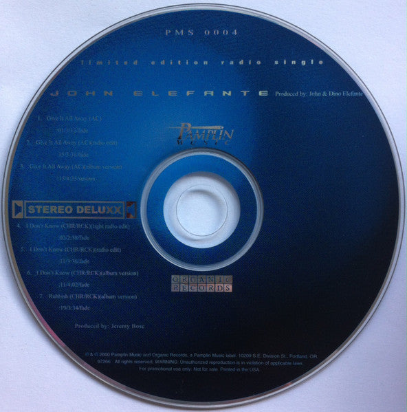 John Elefante / Stereo Deluxx : Give It All Away / I Don't Know / Rubbish (CD, Single, Ltd, Promo)