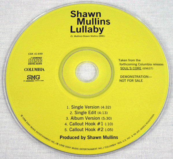 Shawn Mullins : Lullaby (CD, Single, Promo)