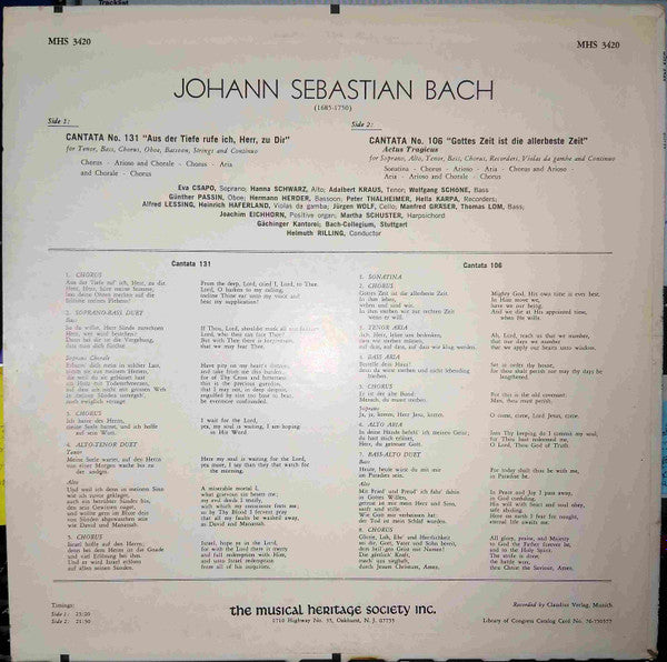 Johann Sebastian Bach - Gächinger Kantorei Stuttgart, Bachcollegium Stuttgart, Eva Csapó, Hanna Schwarz, Adalbert Kraus, Wolfgang Schöne, Helmuth Rilling : Cantata No. 131, "Aus Der Tiefen Rufe Ich, Herr, Zu Dir" / Cantata No. 106, "Gottes Zeit Ist Die Allerbeste Zeit" (LP)