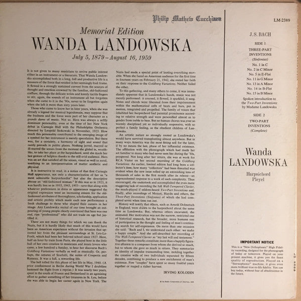 Wanda Landowska : Memorial Edition (LP, Album, Mono)