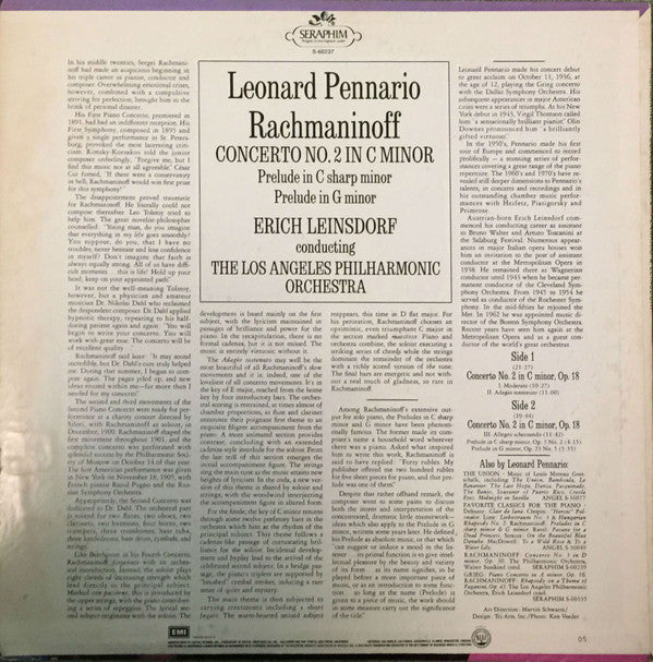 Leonard Pennario, Sergei Vasilyevich Rachmaninoff, Los Angeles Philharmonic Orchestra, Erich Leinsdorf : Concerto No. 2 In C Minor / Preludes In C Sharp Minor & G Minor (LP, Album)
