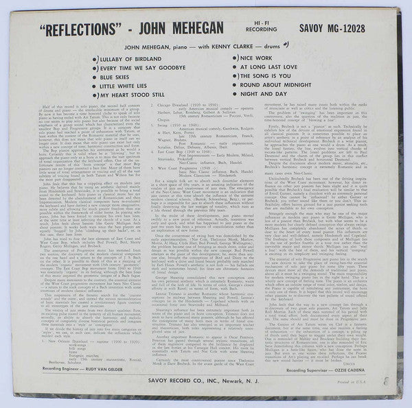 John Mehegan : Johnny Mehegan's "Reflections" (LP, Album, Mono)