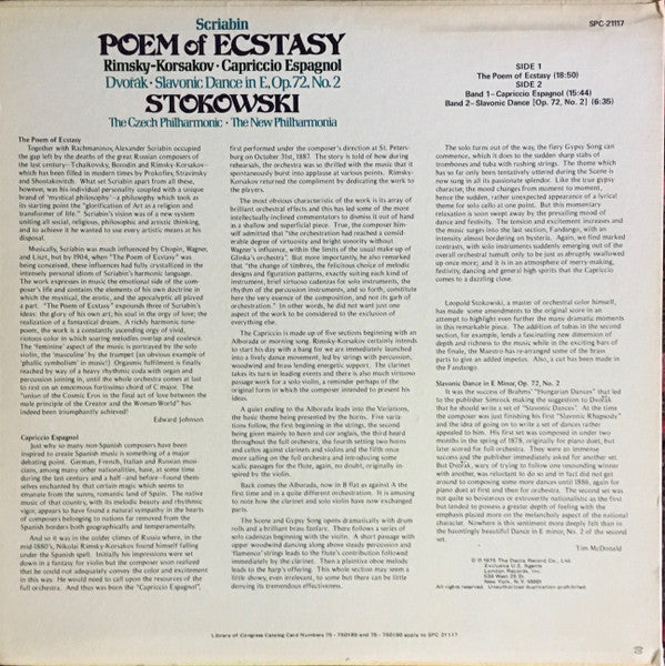 Alexander Scriabine / Nikolai Rimsky-Korsakov / Antonín Dvořák, The Czech Philharmonic Orchestra / New Philharmonia Orchestra, Leopold Stokowski : Poem of Ecstasy / Capriccio Espagnol / Slavonic Dance In E, Op. 72, No. 2 (LP, Album)