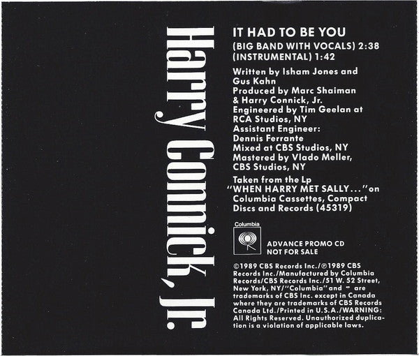 Harry Connick, Jr. : It Had To Be You (CD, Single, Promo)