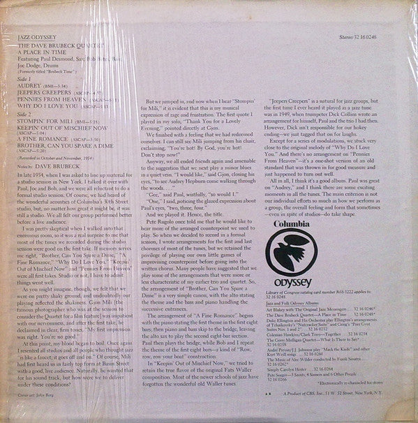 The Dave Brubeck Quartet : A Place In Time (LP, Album, RE)