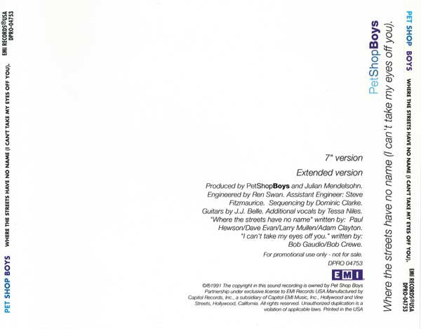Pet Shop Boys : Where The Streets Have No Name (I Can't Take My Eyes Off You) (CD, Single, Promo)