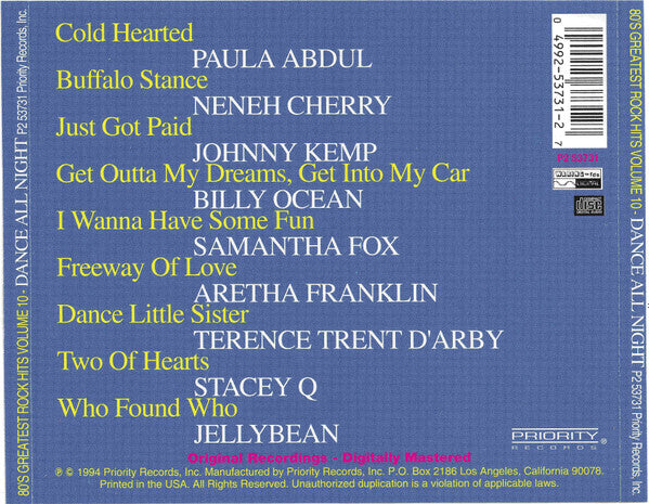 Various : The 80's Greatest Rock Hits Volume 10 Dance All Night (CD, Comp)