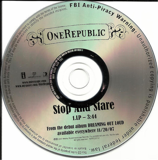 OneRepublic : Stop And Stare (CD, Single, Promo)