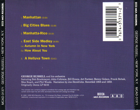 George Russell Narration By Jon Hendricks : New York, N.Y. (CD, Album, RE)
