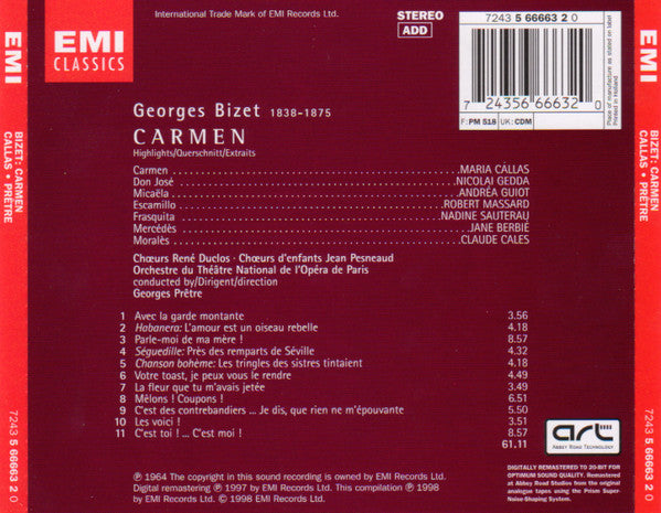 Georges Bizet - Maria Callas, Nicolai Gedda, Andréa Guiot, Robert Massard, Les Chœurs René Duclos, Orchestre National De L'Opéra De Paris, Georges Prêtre : Carmen (CD, Album, RE, RM)