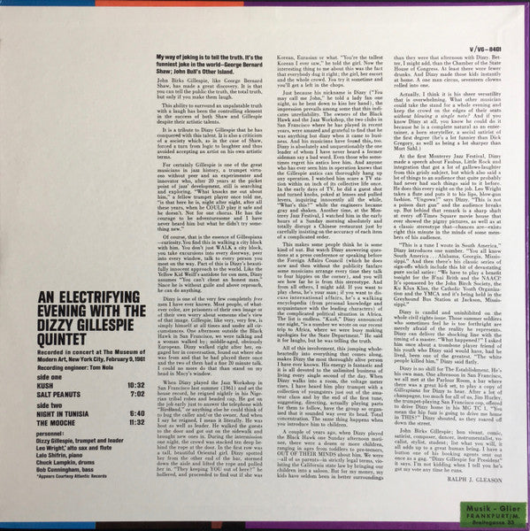 Dizzy Gillespie Quintet : An Electrifying Evening With The Dizzy Gillespie Quintet (LP, Album, RP)