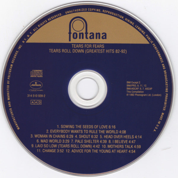 Tears For Fears : Tears Roll Down (Greatest Hits 82-92) (CD, Comp, RE)