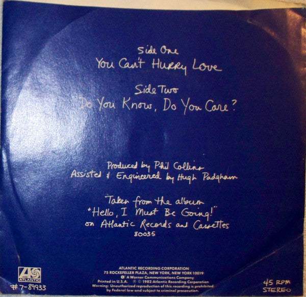 Phil Collins : You Can't Hurry Love (7", Single, SP)