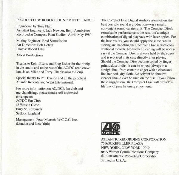 AC/DC : Back In Black (CD, Album, Club, RE, SRC)