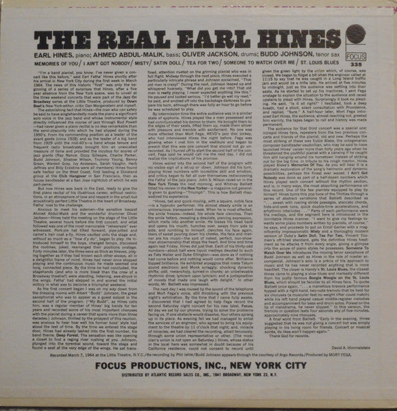Earl Hines : The Real Earl Hines Recorded Live! In Concert (LP, Album, Mono)
