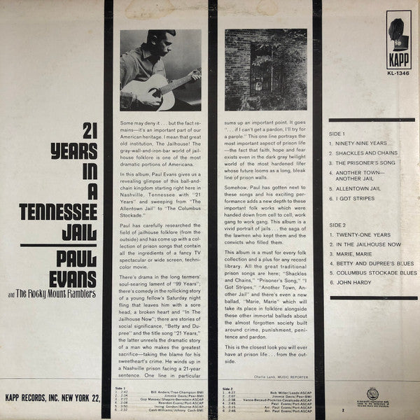 Paul Evans And The Rocky Mount Ramblers : 21 Years In A Tennessee Jail (LP, Album, Promo)