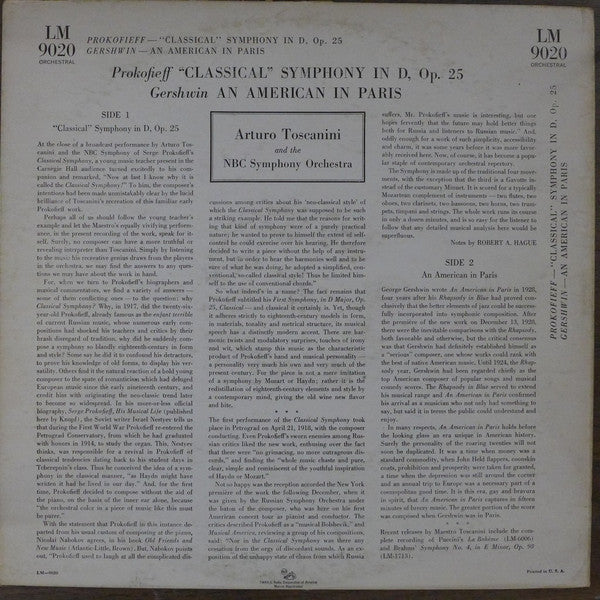 Sergei Prokofiev / George Gershwin - Arturo Toscanini And The NBC Symphony Orchestra : "Classical" Symphony In D, Op. 25 / An American In Paris (LP, Mono)