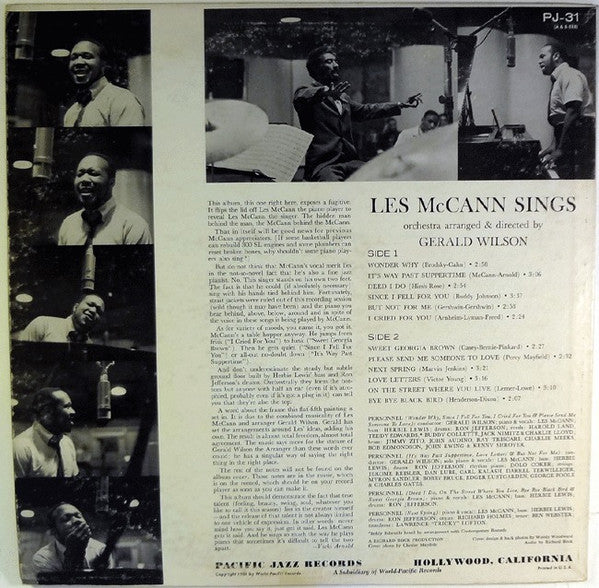 Les McCann, Orchestra Under The Direction Of Gerald Wilson* : Les McCann Sings (LP, Album, Mono)