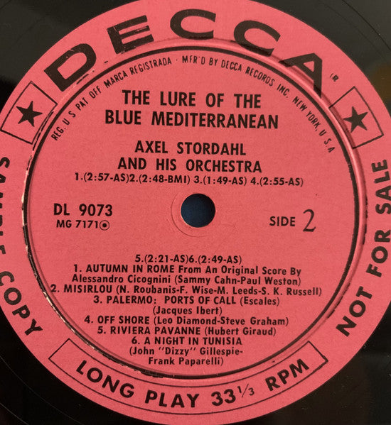 Axel Stordahl Orchestra : The Lure Of The Blue Mediterranean (LP, Album, Mono, Promo, Gat)