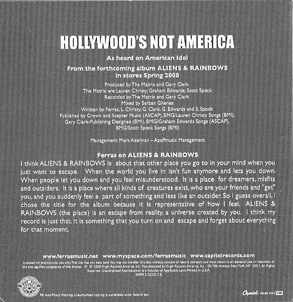 Ferras : Hollywood's Not America (CD, Single, Promo)