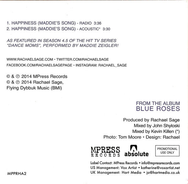 Rachael Sage : Happiness (Maddie's Song) (CD, Single, Promo)
