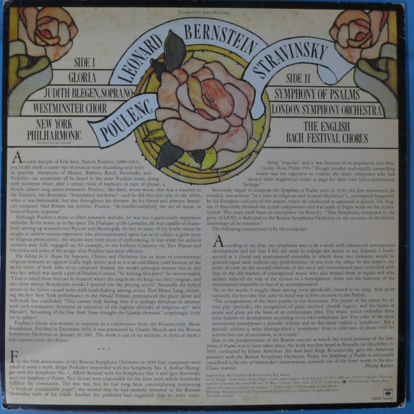 Leonard Bernstein, Francis Poulenc, Judith Blegen, Westminster Symphonic Choir, New York Philharmonic / Igor Stravinsky, English Bach Festival Chorus, London Symphony Orchestra : Gloria / Symphony Of Psalms (LP, Album)