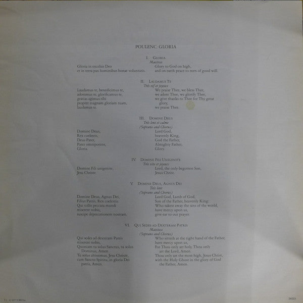 Leonard Bernstein, Francis Poulenc, Judith Blegen, Westminster Symphonic Choir, New York Philharmonic / Igor Stravinsky, English Bach Festival Chorus, London Symphony Orchestra : Gloria / Symphony Of Psalms (LP, Album)